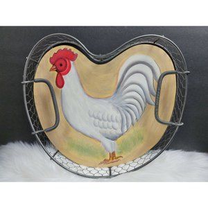 Rooster/Chicken Metal/Wire Heart Shape 13" Tray W/Handles - New